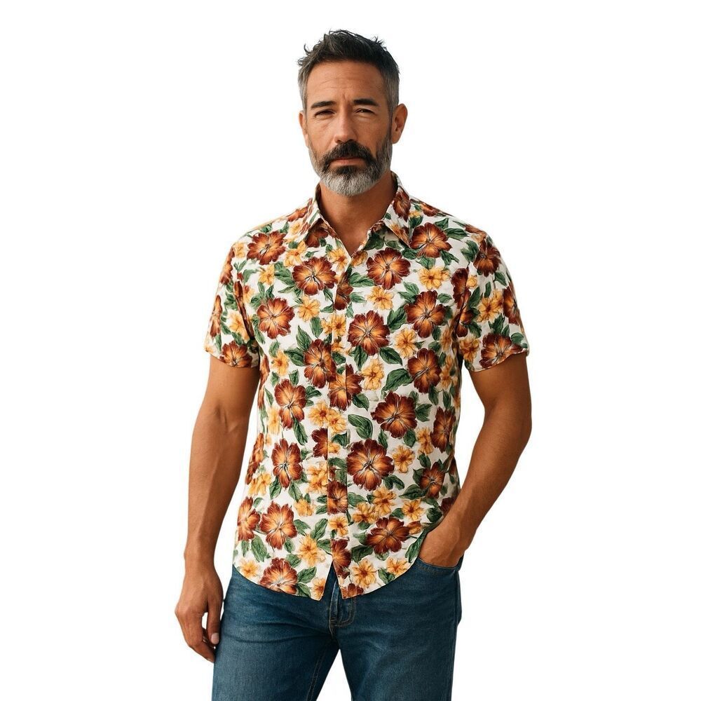 Caribbean Hawaiian Print Short Sleeve Button Down Shirt L